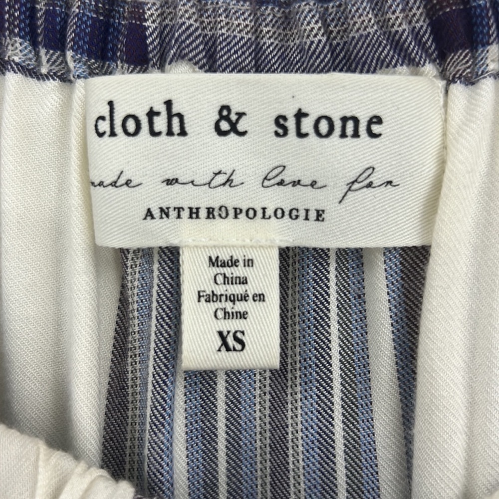 Anthropologie Cloth & Stone XS Glacier Plaid Blouse White Blue Check - Picture 5 of 9